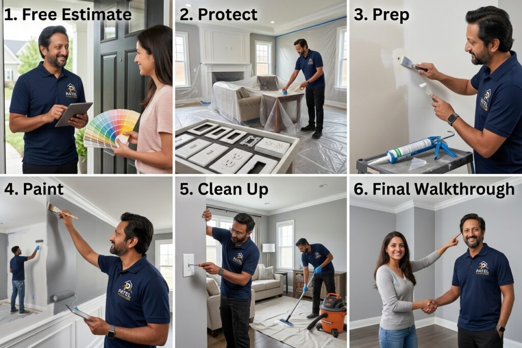 Patel Painters Pro 6-step interior painting process: free estimate, protect, prep, paint, clean up and final walkthrough