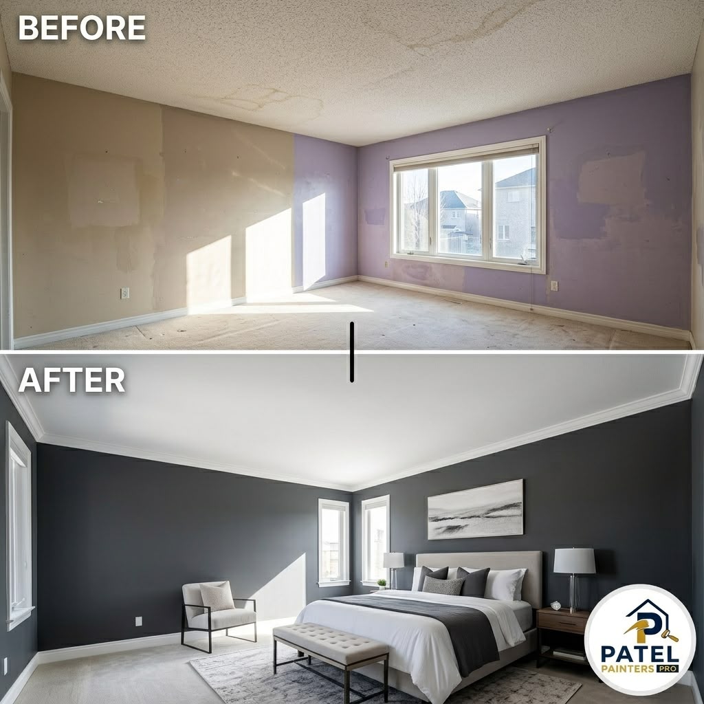 Patchy bedroom walls repainted dark charcoal, before and after concept