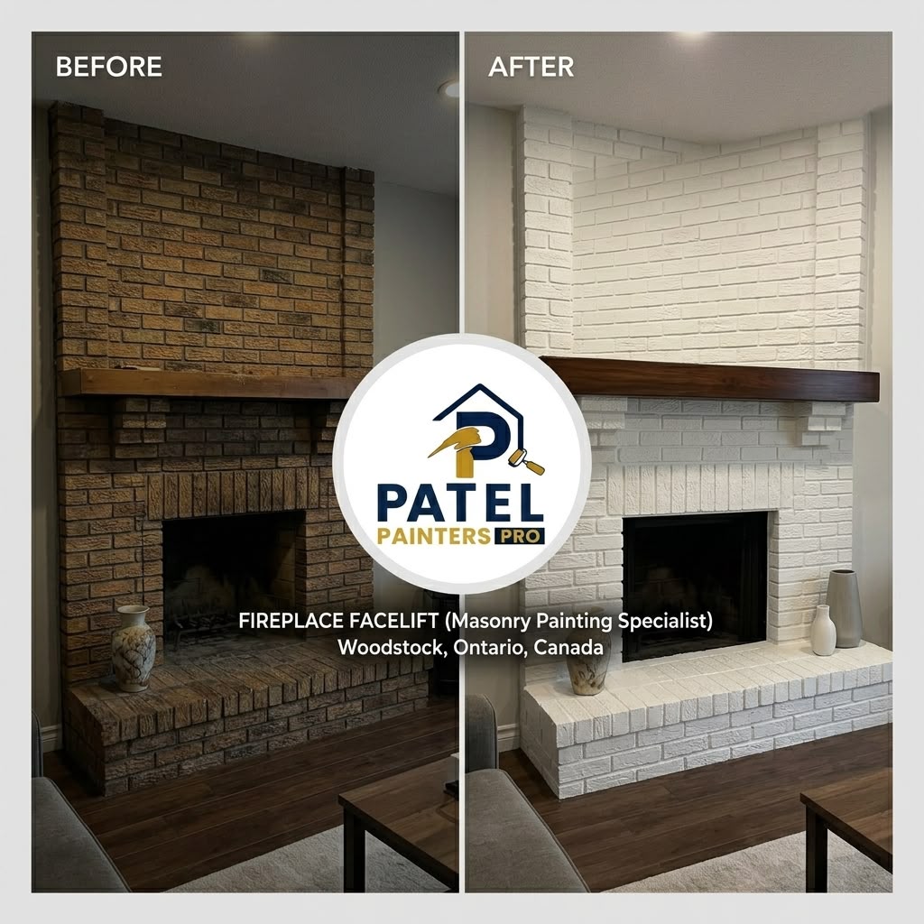 Brown brick fireplace painted white, before and after concept
