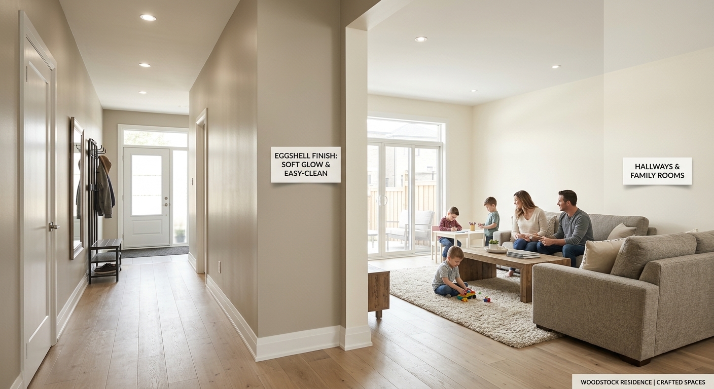Eggshell paint finish in a hallway and family room