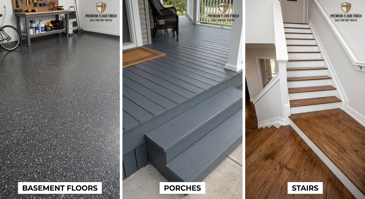 Floor paint finish on a basement floor, porch and stairs