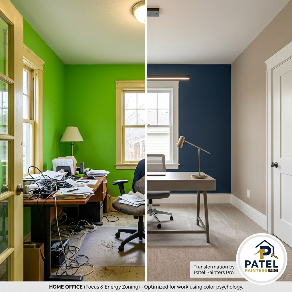 Bright green home office repainted with a navy accent wall, before and after concept