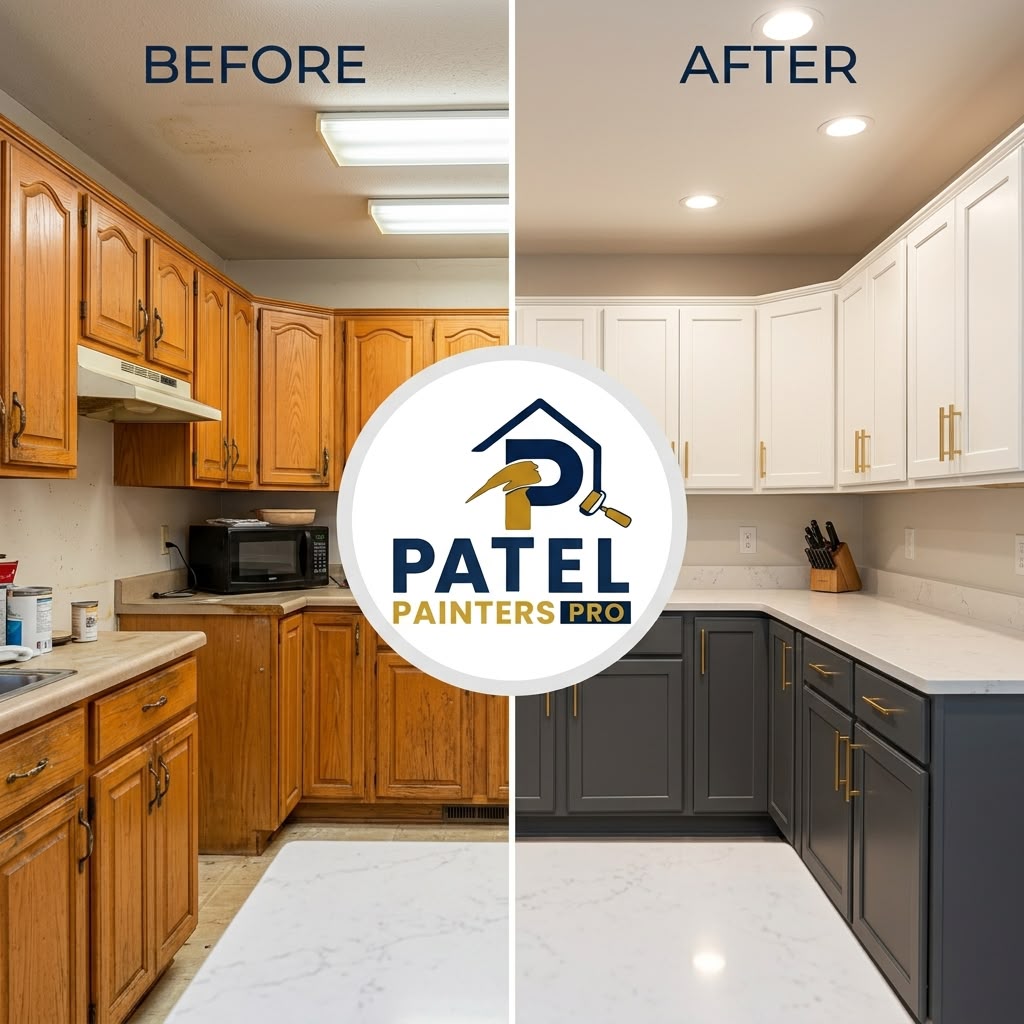 Oak kitchen cabinets painted white and charcoal, before and after concept