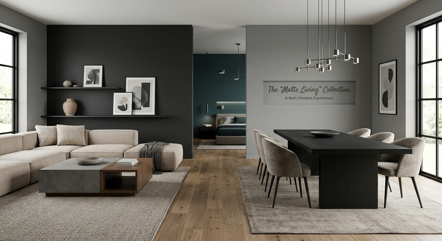 Matte paint finish in a modern living room and dining room