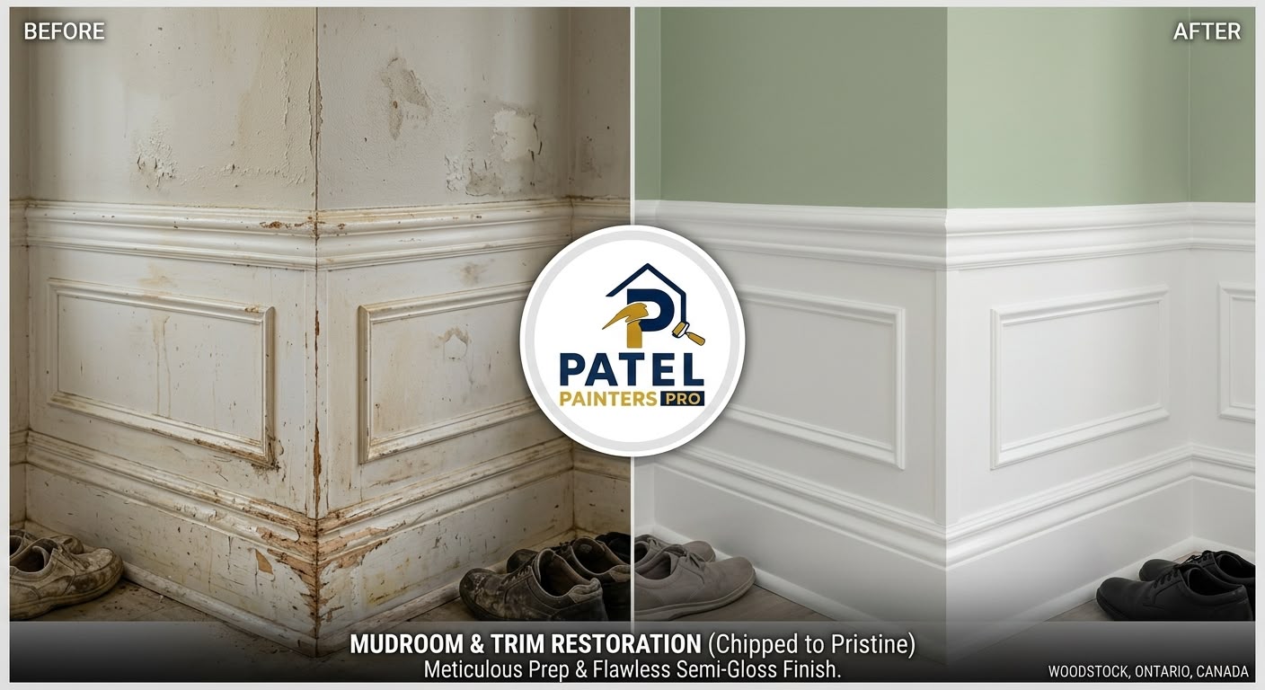 Chipped mudroom wainscoting restored with white semi-gloss trim, before and after concept