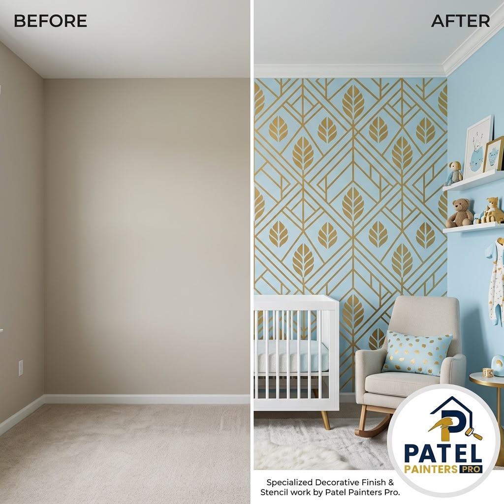 Nursery with a gold geometric stencil accent wall, before and after concept