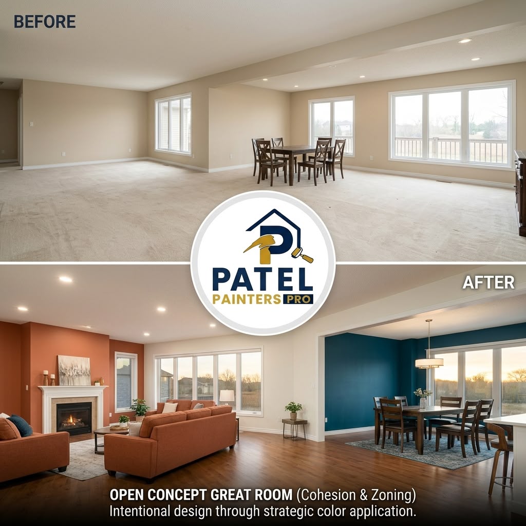 Open-concept great room with terracotta and teal accent walls, before and after concept