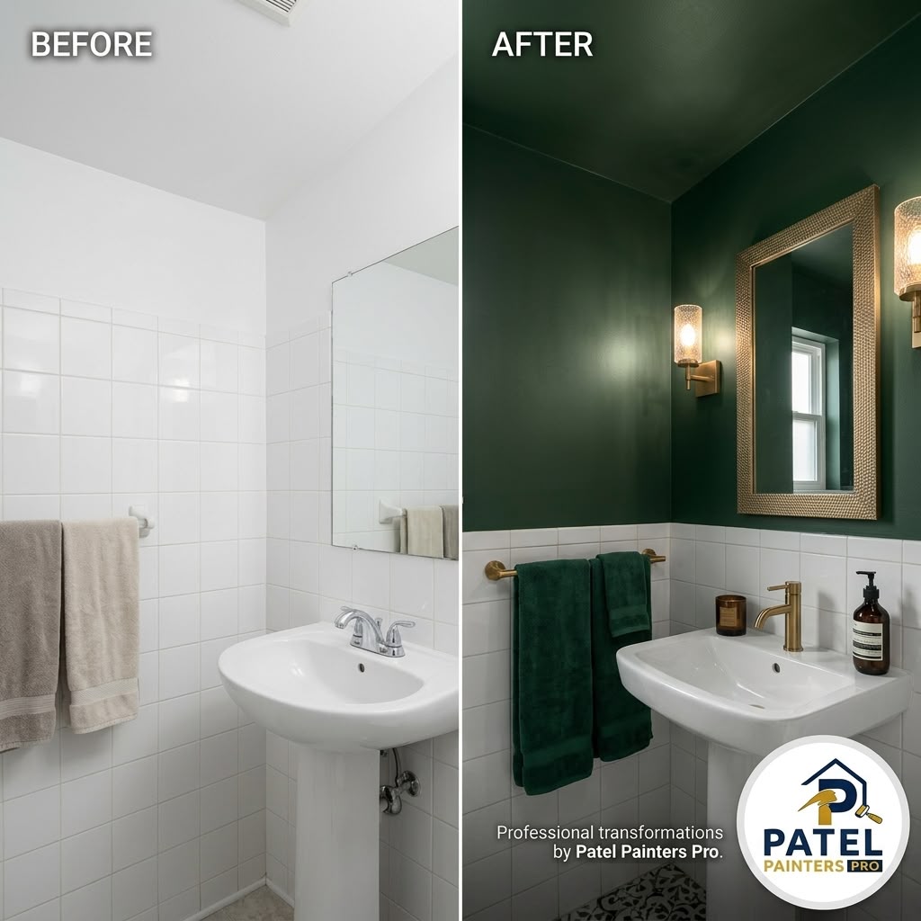 Small bathroom repainted deep green with gold accents, before and after concept