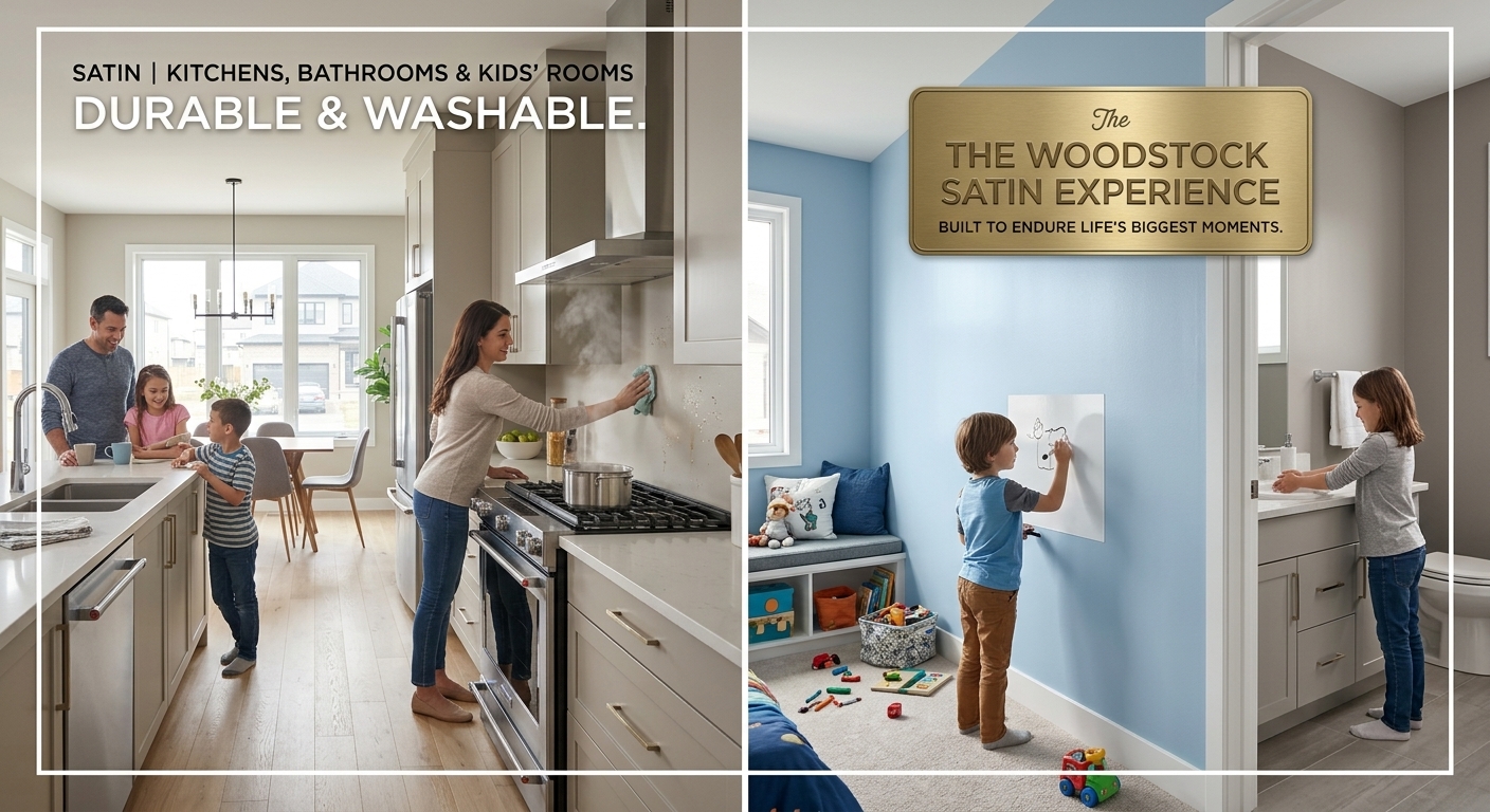 Durable, washable satin paint in a kitchen, bathroom and kids room