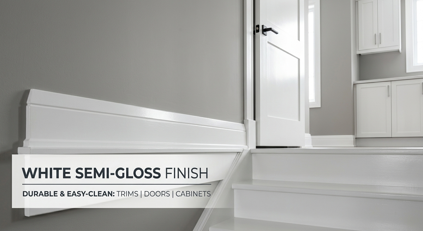 White semi-gloss paint on trim, baseboards, doors and cabinets