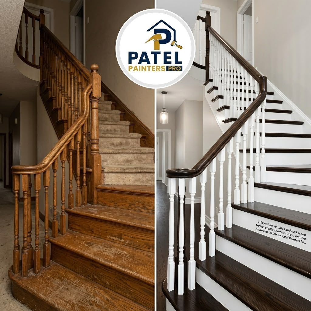 Oak staircase with spindles painted white and dark handrail, before and after concept