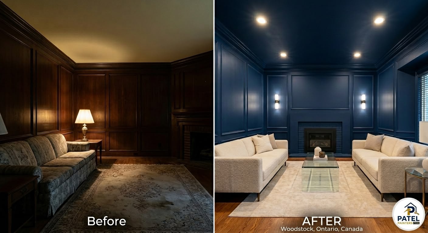 Dark wood-panelled den painted navy blue, before and after concept